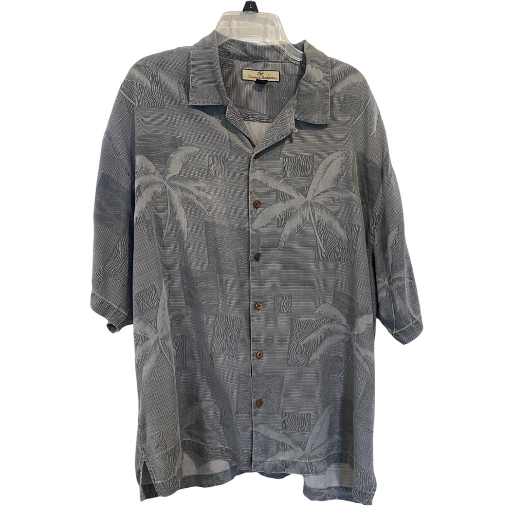 Vintage Tommy Bahama Relax Mens XL Gray 100% Silk Palm Tree Jacquard Camp Shirt